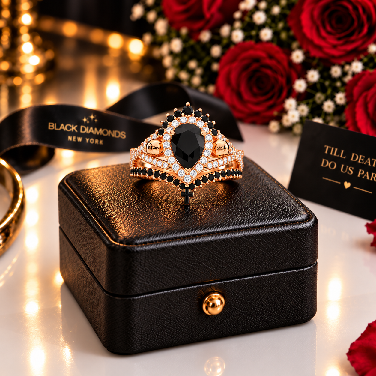 Loyalty Ring- 1ct Pear Cut Black Diamond Option Skull Ring Set-Black Diamonds New York