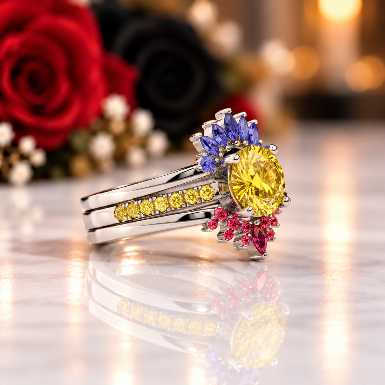 Mahal Kita (I LOVE YOU)- Rare Yellow Round Diamond Option Love Language Ring Set-Black Diamonds New York