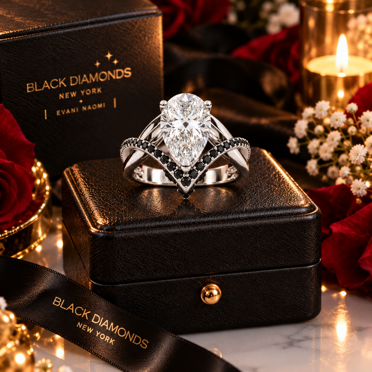 Only You- 1.5 Carat Pear Cut Diamond Option Skull & Roses Wedding Ring-Black Diamonds New York