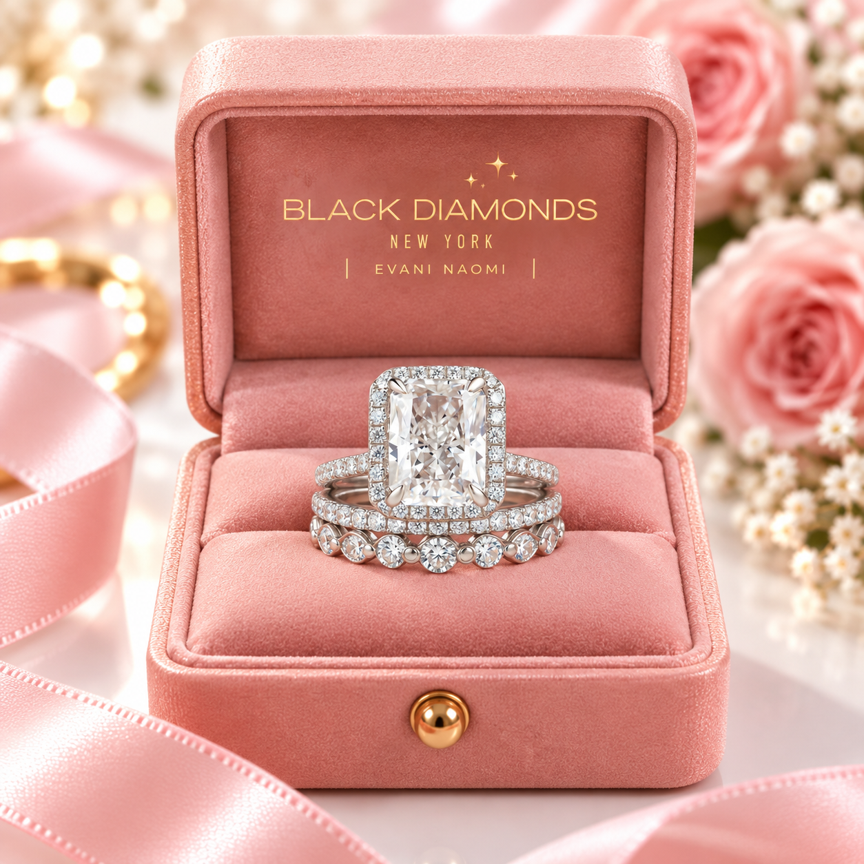A diamond engagement ring and matching band displayed in an open pink velvet jewelry box with the brand name Black Diamonds New York visible inside. The scene is styled with pink roses and ribbon in a soft, bright setting.