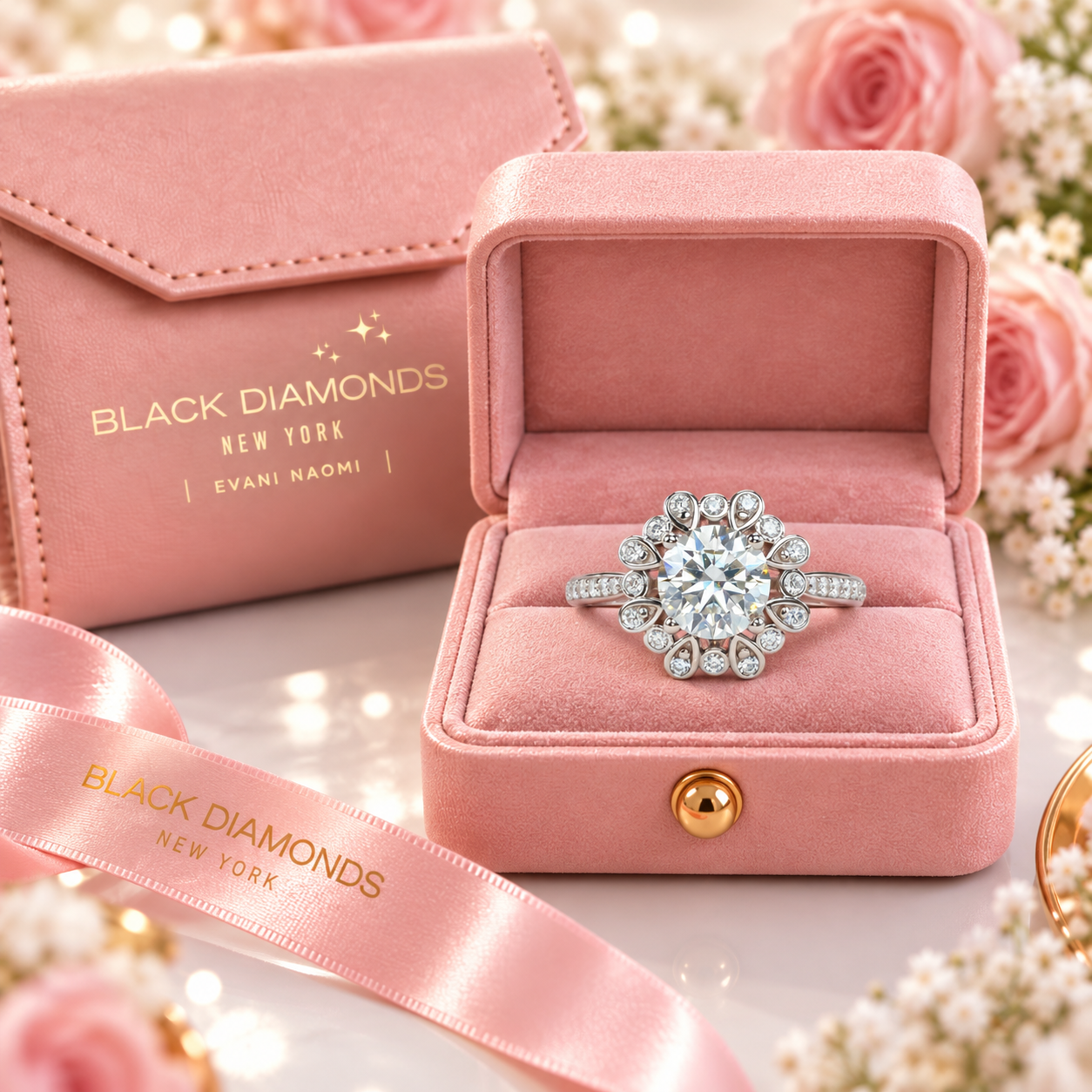 White Gold Sunflower 1.2ct Diamond Option Halo Engagement Ring-Black Diamonds New York