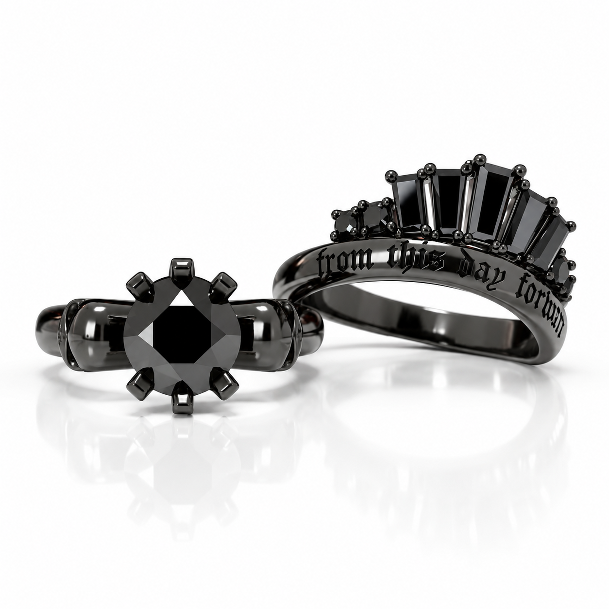 From This Day Forward Wedding Rings - Round Cut Diamond Option Skull Gothic Wedding Rings in 14k White Gold-Black Diamonds New York