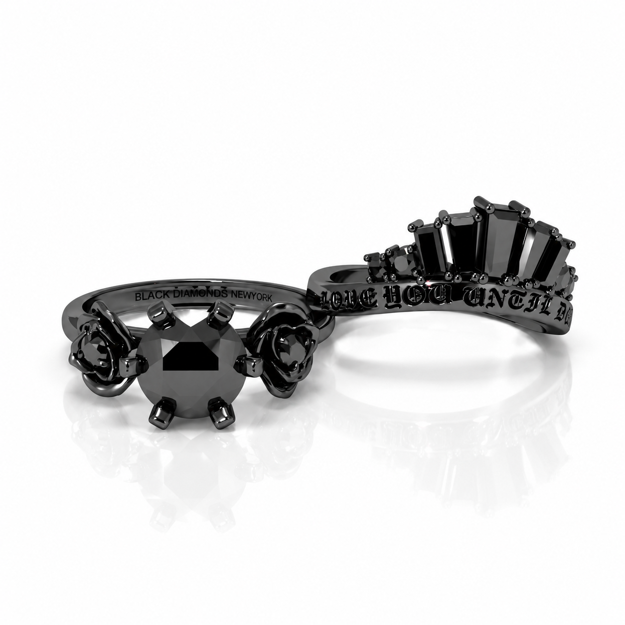 Love You Until Death Rings - 1.5 Ct Round Cut Diamond Option Engagement Rings in 14k White Gold-Black Diamonds New York
