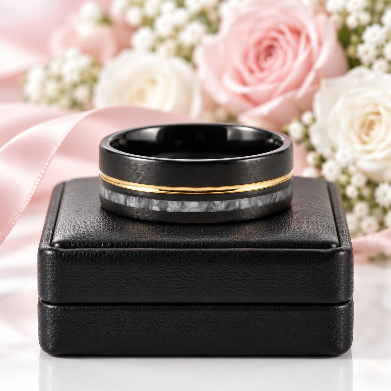 Antler Inlay with Gold Line Matte Black Tungsten Men's Wedding Band-Black Diamonds New York