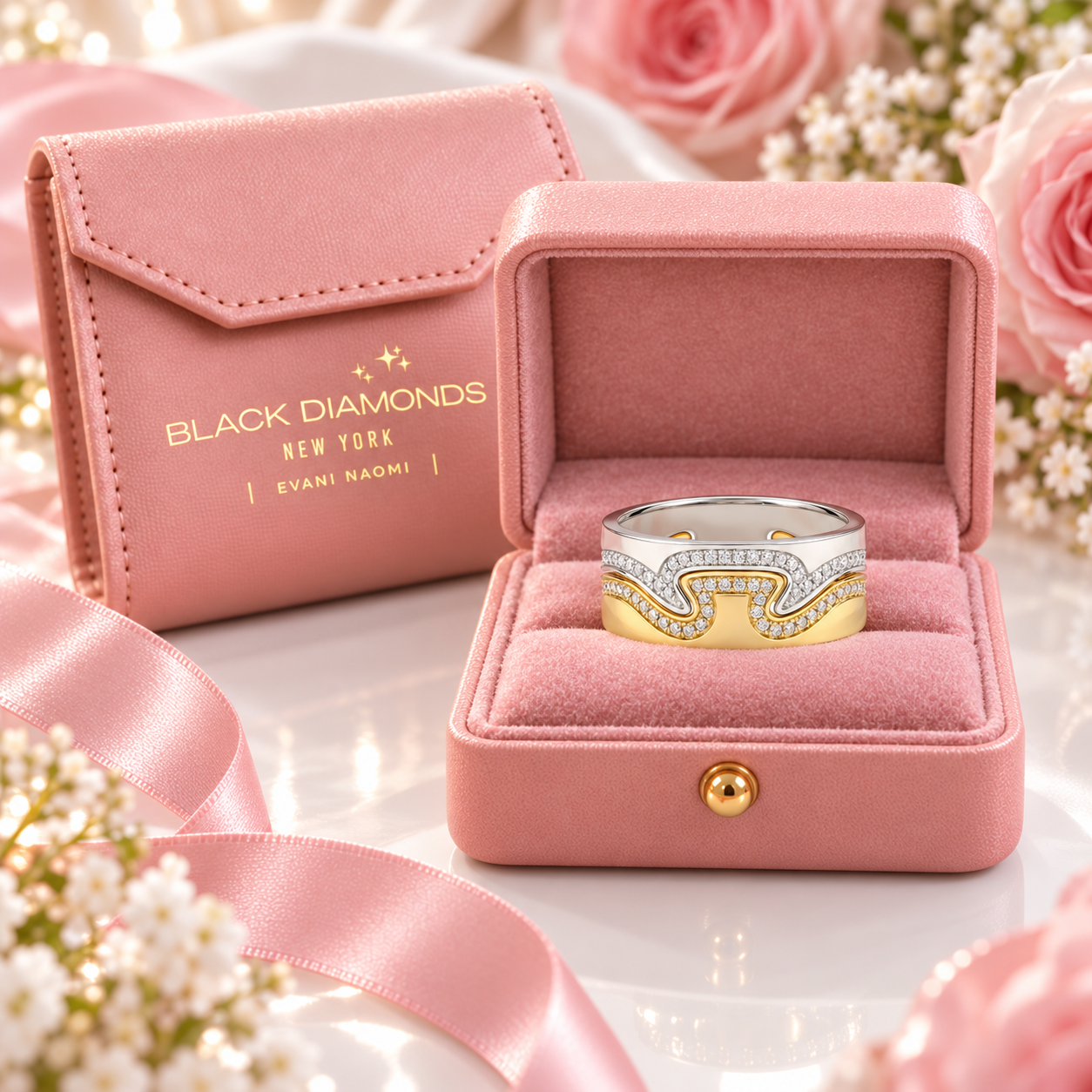 A two-tone ring with a silver band set with small clear stones and a gold band featuring a wavy, diamond-like pattern, presented in an open pink velvet ring box next to its branded pink envelope.