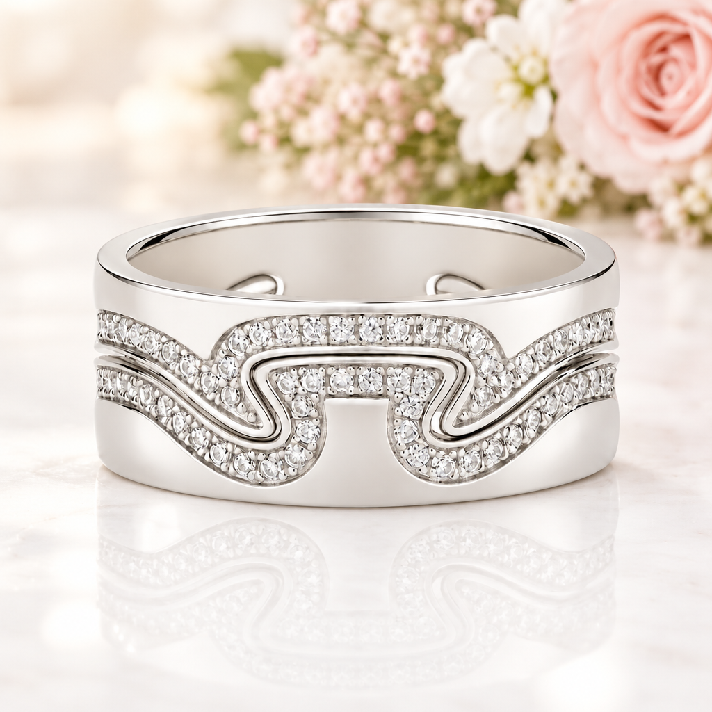 A silver-toned band ring featuring a wavy, shield-like design paved with small clear stones, shown on a clean white background with a soft reflection.