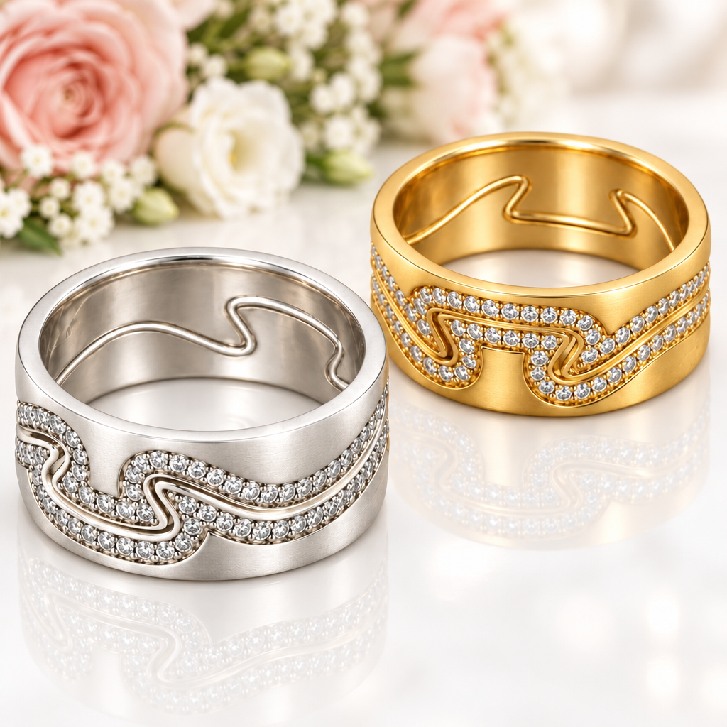 Two wavy band rings with pavé-set clear stones, shown side by side on a white reflective surface. One ring is silver-toned and the other is yellow gold-toned, both marked 925.