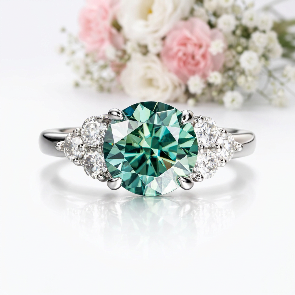 A three-stone diamond ring featuring a large oval-cut emerald-cut green center stone, flanked by two smaller round-cut diamonds on a polished silver-toned band. The ring is displayed on a clean white surface with a soft reflection, and a blurred bouquet of pink and white flowers sits in the background.