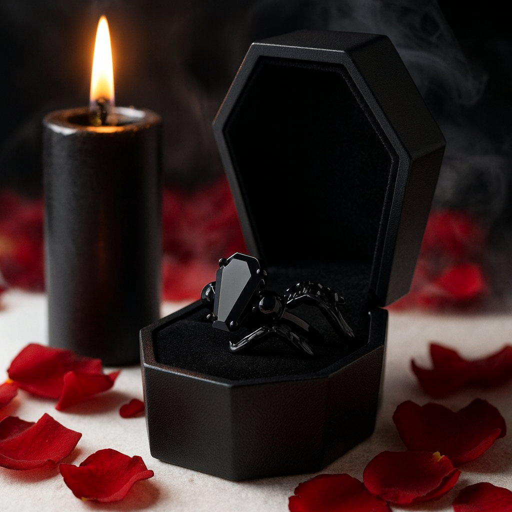 My Ever After Ring - Coffin Cut Diamond with Skulls, Bat and Roses Promise Ring-Black Diamonds New York