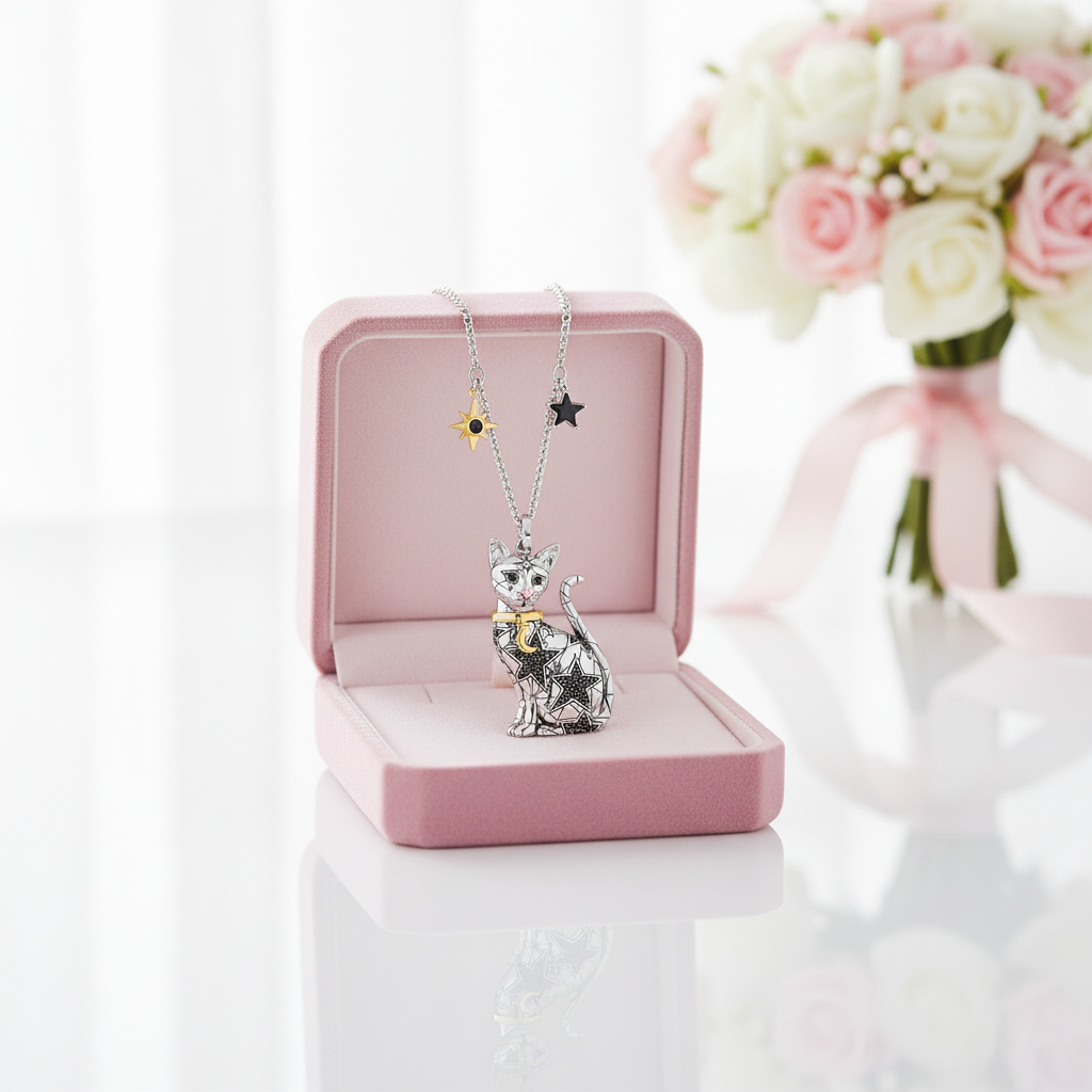 Magic Cat Pendant Necklace with Moon & Stars-Black Diamonds New York