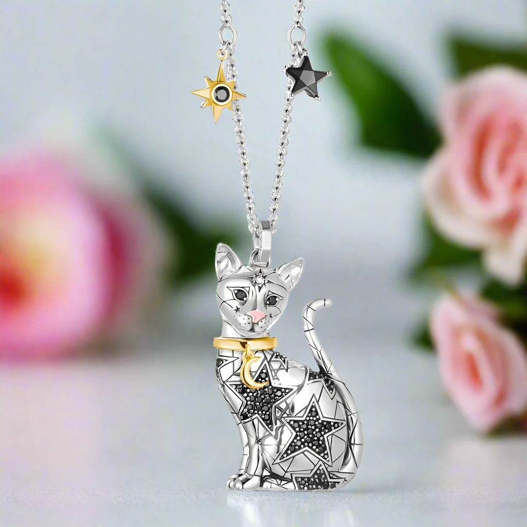 Magic Cat Pendant Necklace with Moon & Stars-Black Diamonds New York