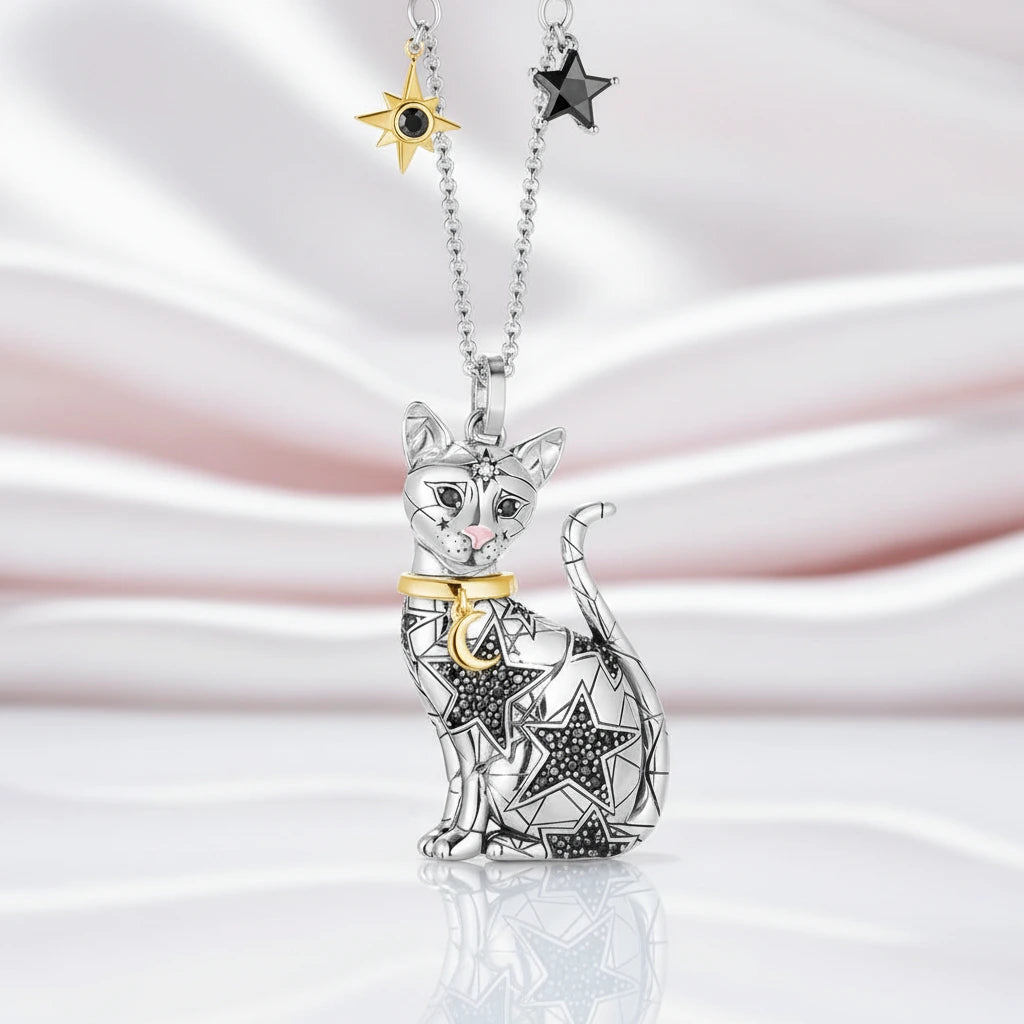 Magic Cat Pendant Necklace with Moon & Stars-Black Diamonds New York
