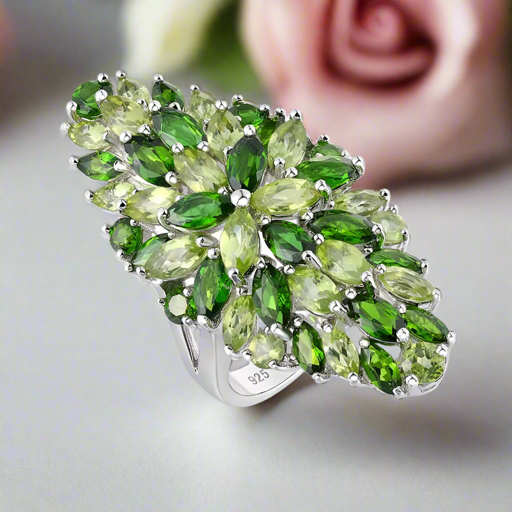 Marquise-cut Created Peridot & Chrome Diopside Flower Pattern Ring-Black Diamonds New York