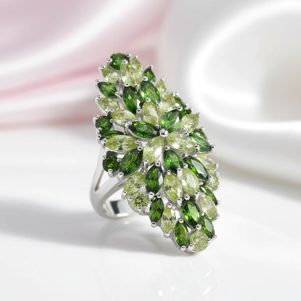 Marquise-cut Peridot & Chrome Diopside Flower Pattern Ring-Black Diamonds New York