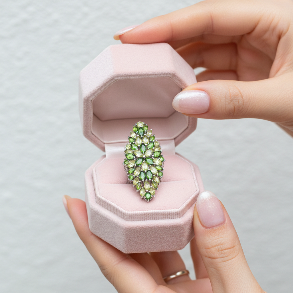Marquise-cut Peridot & Chrome Diopside Flower Pattern Ring-Black Diamonds New York