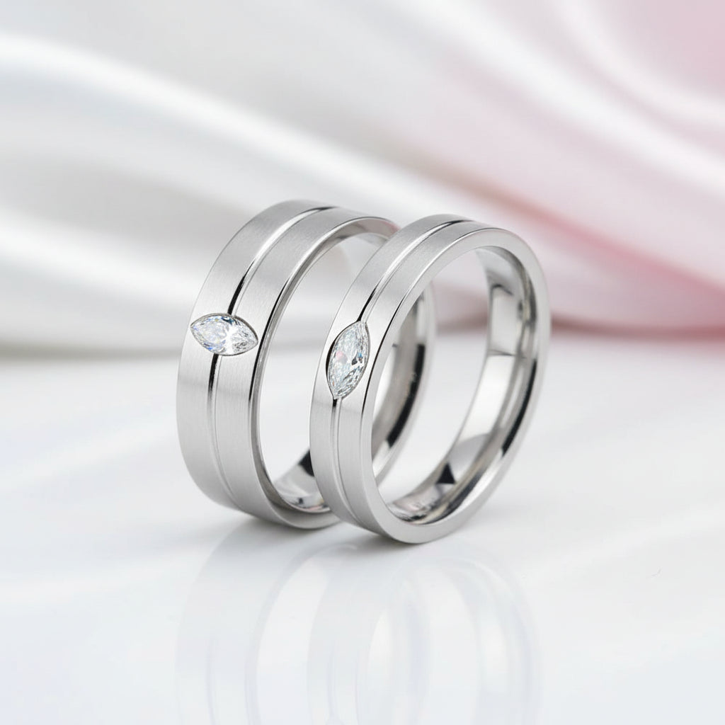 Marquise-cut Diamond Option Stainless Steel Glossing Couple Ring-Black Diamonds New York