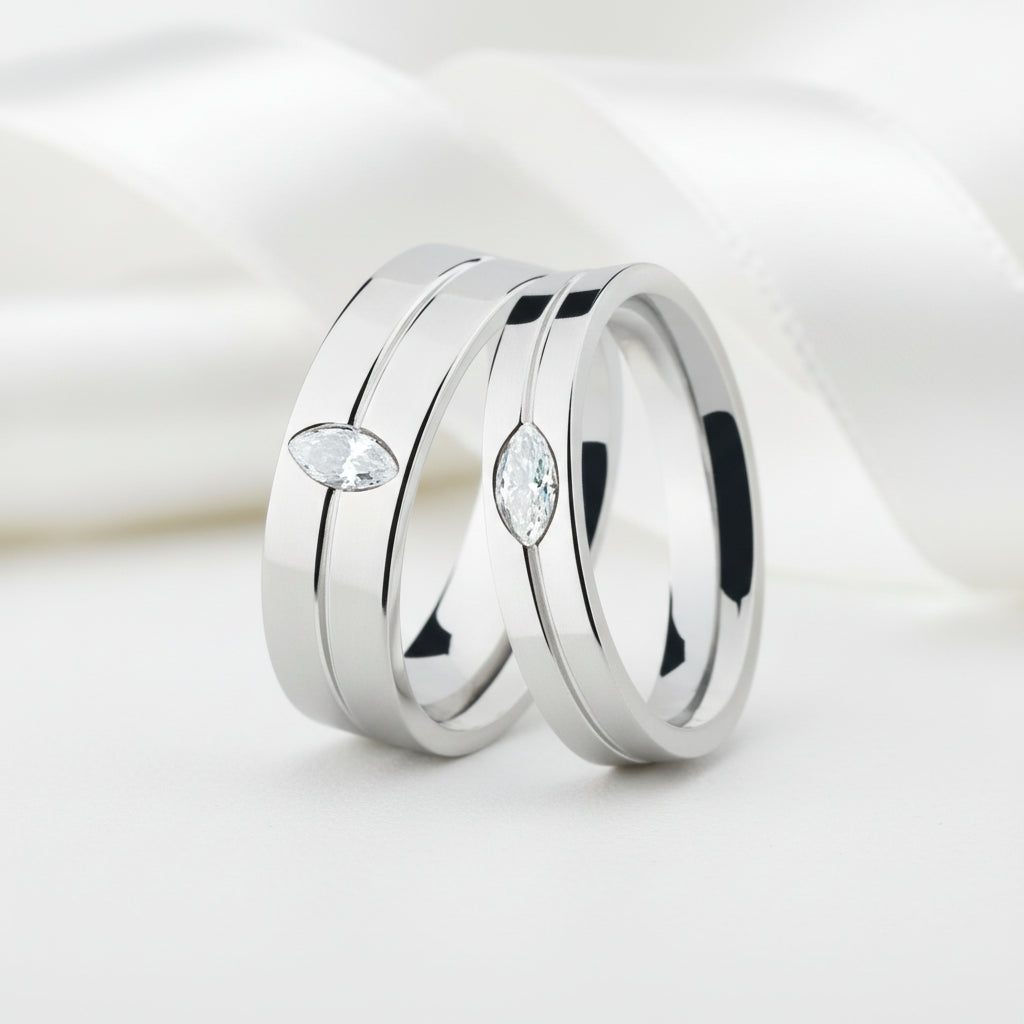 Marquise-cut Diamond Option Stainless Steel Glossing Couple Ring-Black Diamonds New York