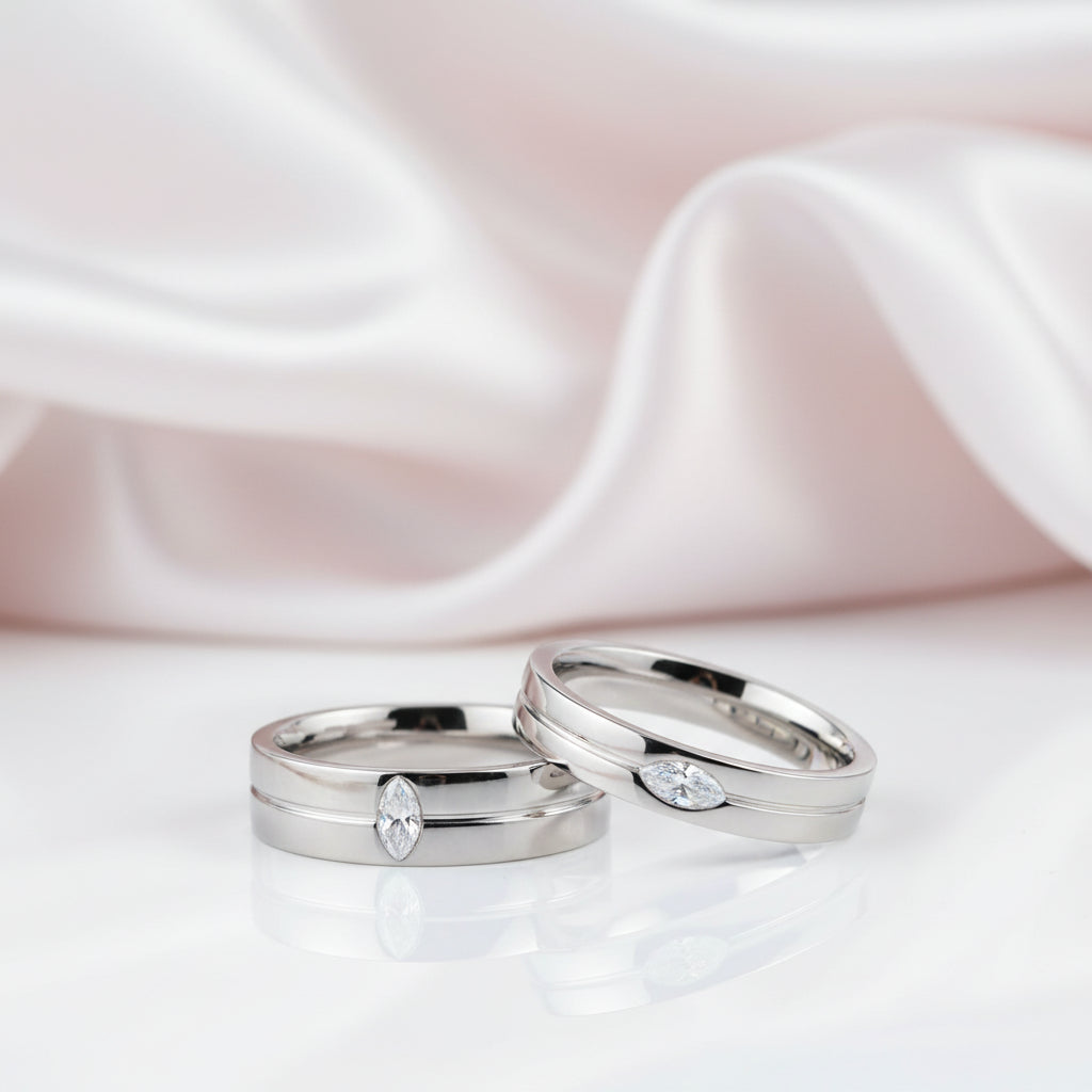 Marquise-cut Diamond Option Stainless Steel Glossing Couple Ring-Black Diamonds New York