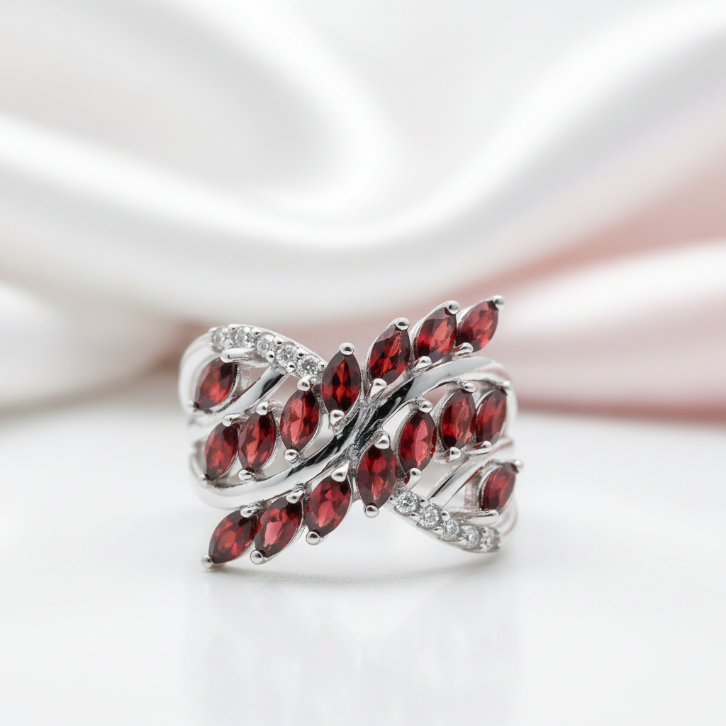 Marquise-cut Garnet Gemstone Geometric Ring-Black Diamonds New York