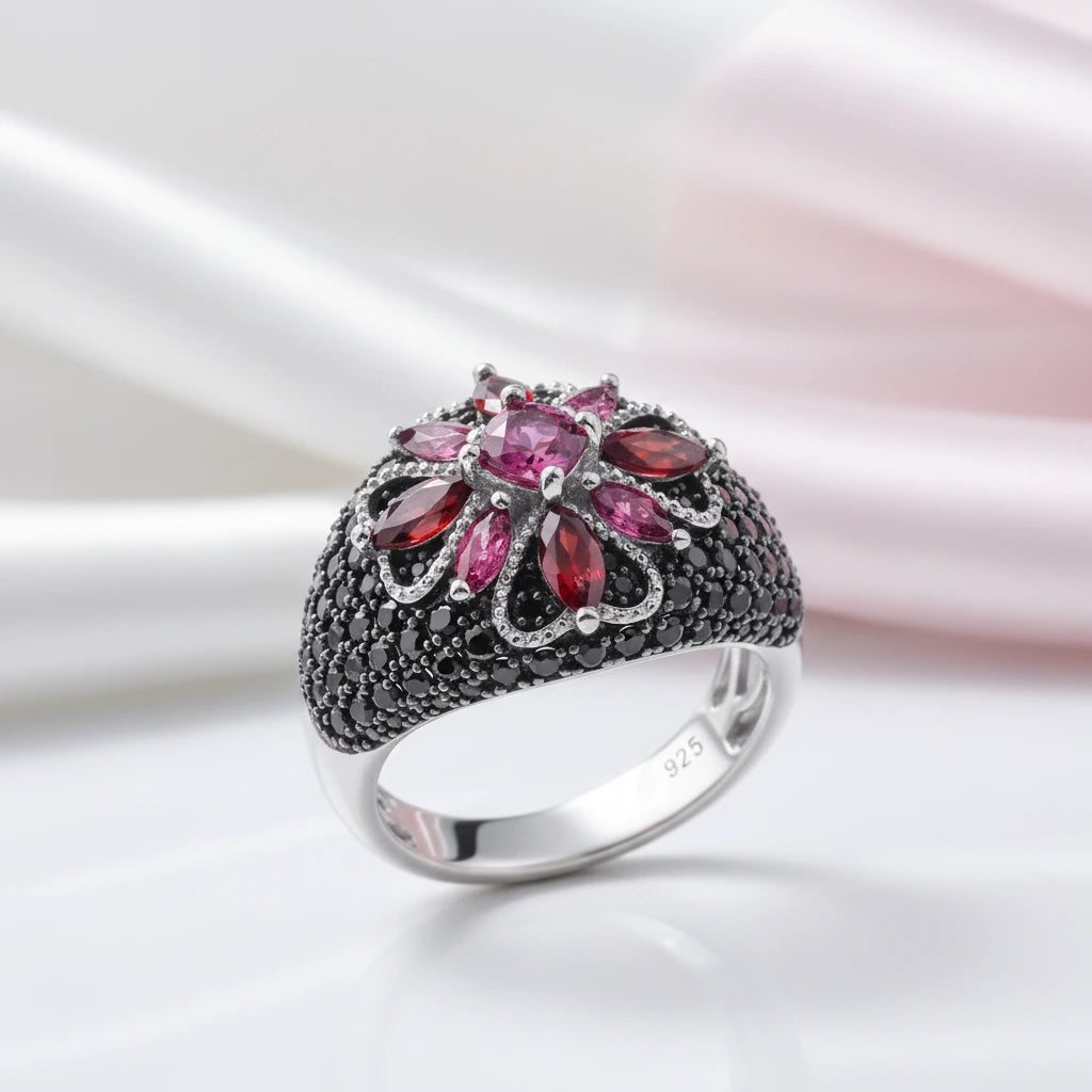 Marquise-cut Rhodolite Garnet Bohemian Ring-Black Diamonds New York