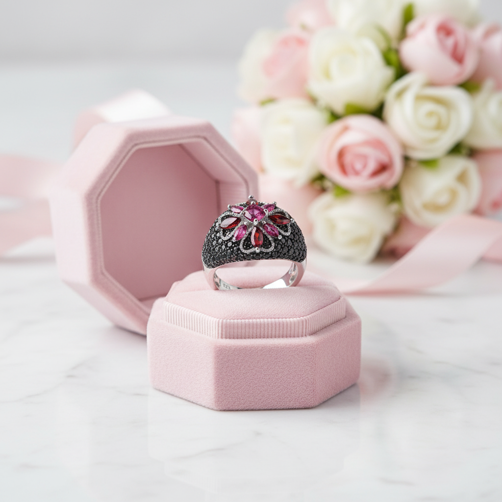 Marquise-cut Rhodolite Garnet Bohemian Ring-Black Diamonds New York