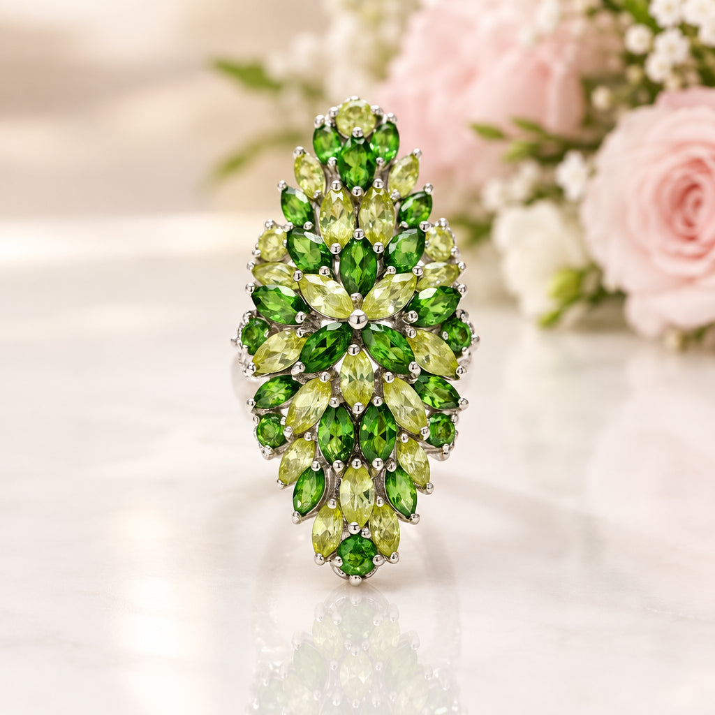 Marquise-cut Peridot & Chrome Diopside Flower Pattern Ring-Black Diamonds New York