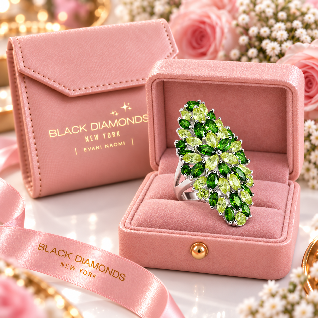 Marquise-cut Peridot & Chrome Diopside Flower Pattern Ring-Black Diamonds New York