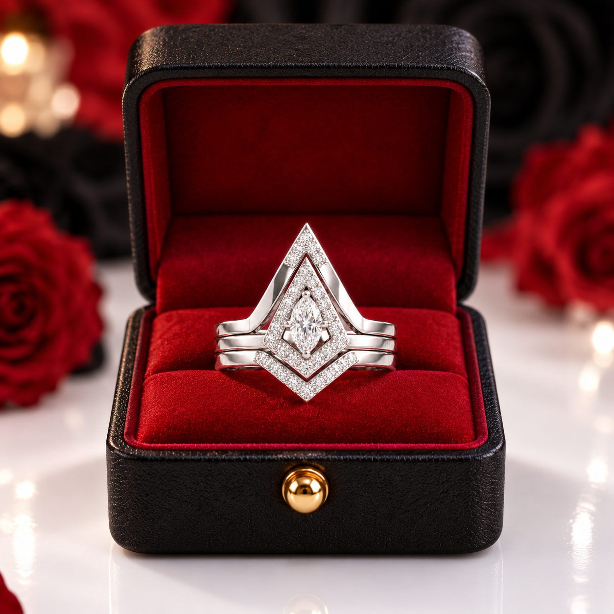 A silver-toned ring with a large marquise-cut center stone and smaller surrounding stones, displayed in an open black jewelry box with a red velvet interior. Red roses and soft bokeh lights appear blurred in the background.
