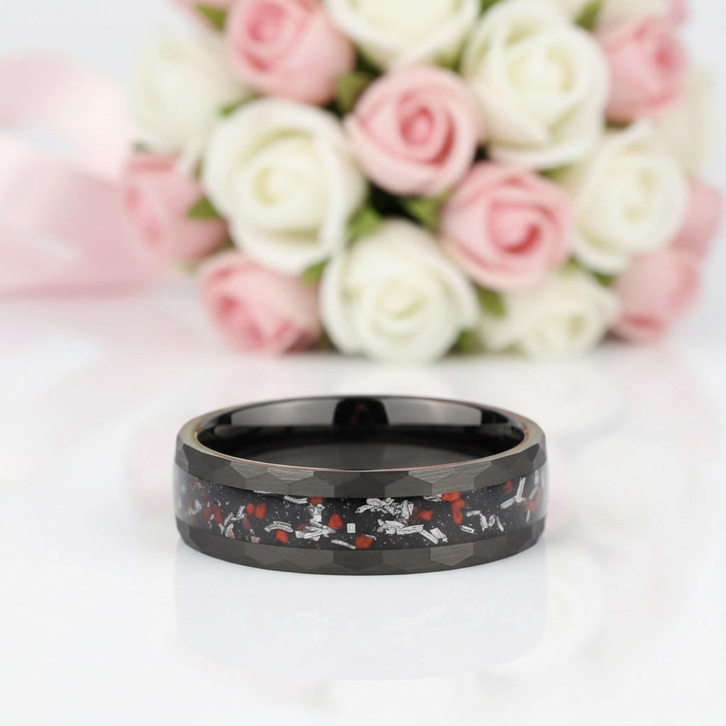 Matte Black Hammered Meteorite Dinosaur Bone Tungsten Wedding Band-Black Diamonds New York