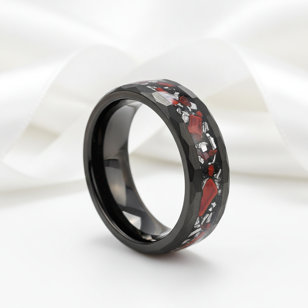 Matte Black Hammered Meteorite Dinosaur Bone Tungsten Wedding Band-Black Diamonds New York