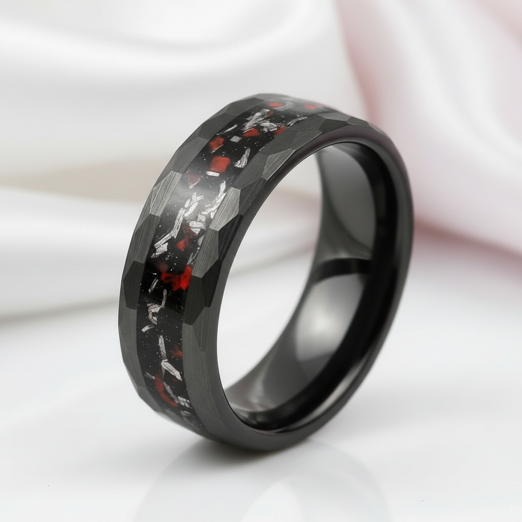 Matte Black Hammered Meteorite Dinosaur Bone Tungsten Wedding Band-Black Diamonds New York