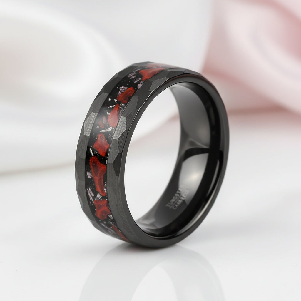 Matte Black Hammered Meteorite Dinosaur Bone Tungsten Wedding Band-Black Diamonds New York