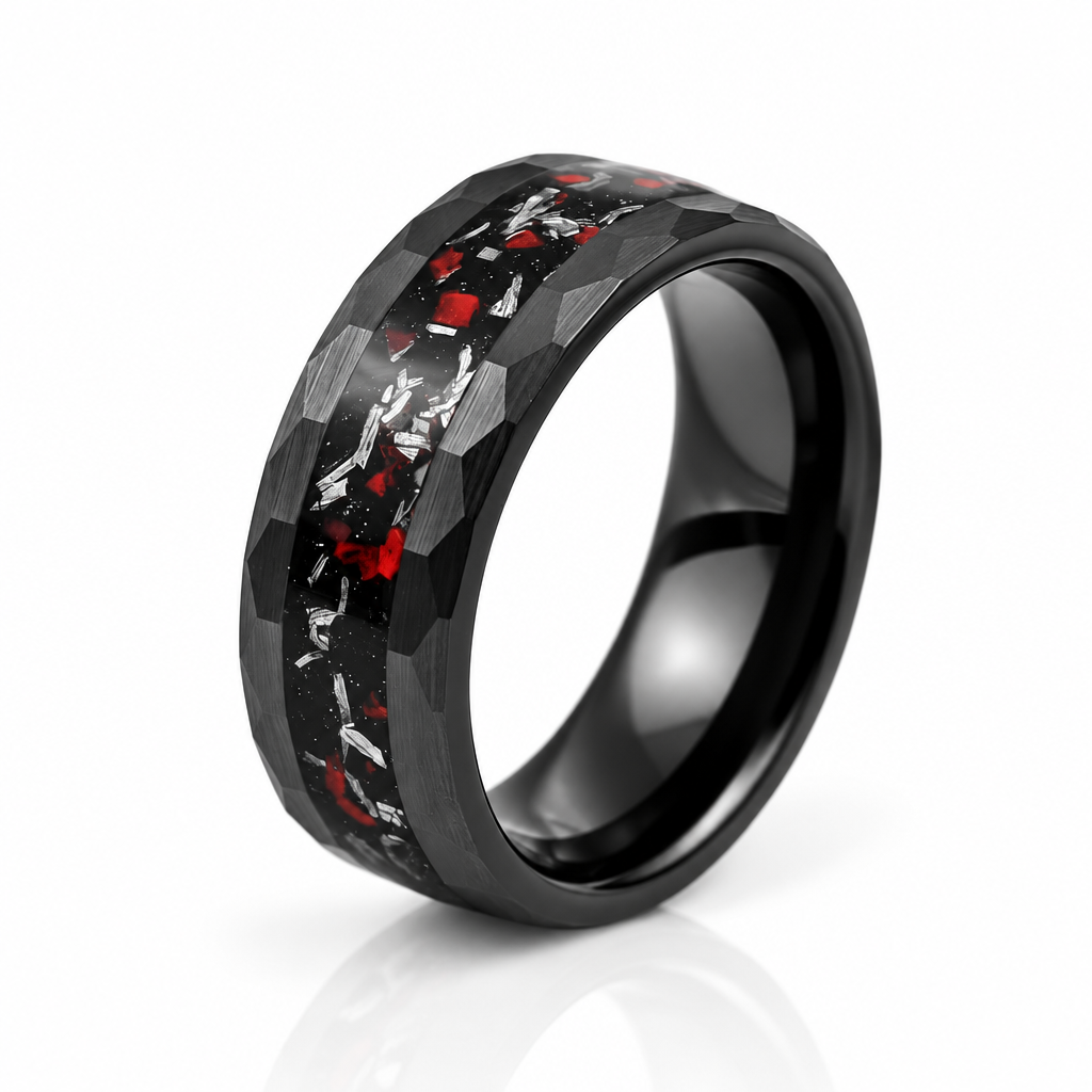 Matte Black Hammered Meteorite Dinosaur Bone Tungsten Wedding Band-Black Diamonds New York