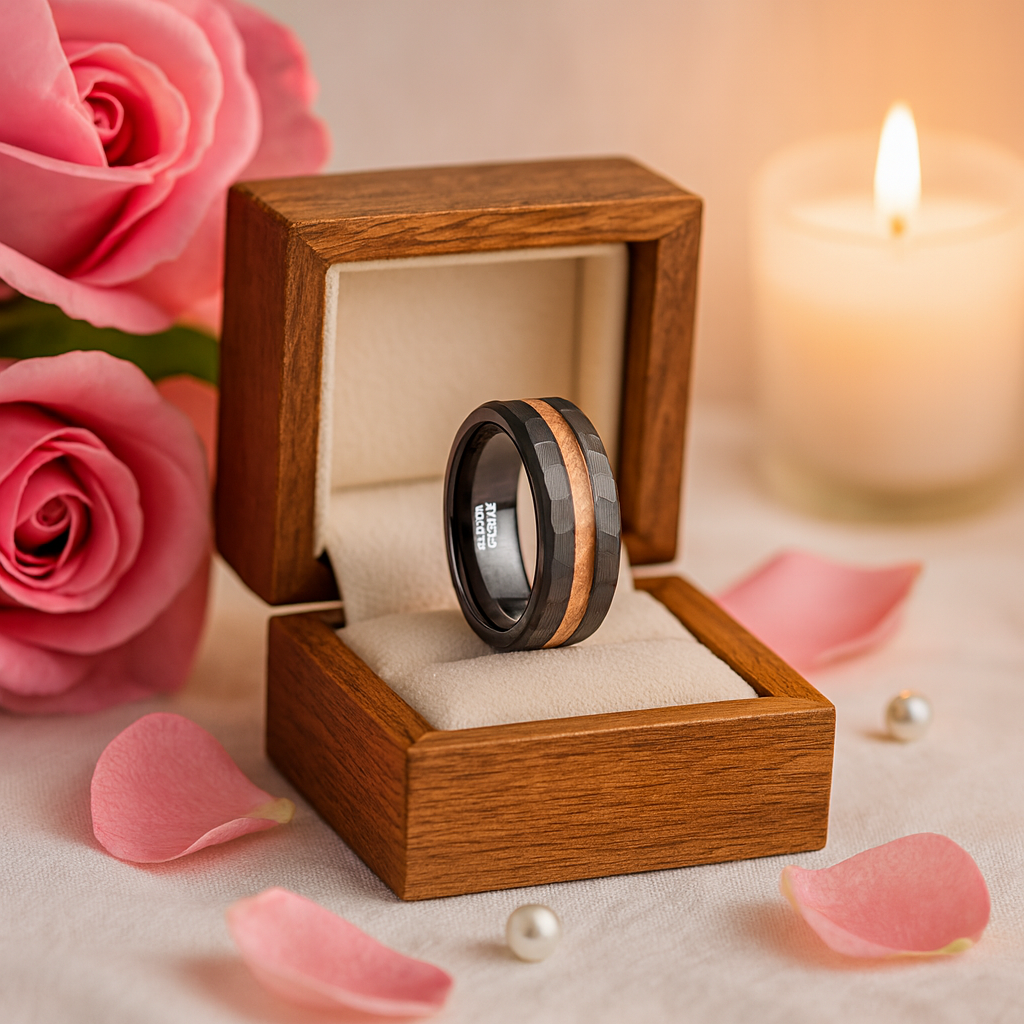 Matte Black Hammered Tungsten Band with Wood Inlay-Black Diamonds New York