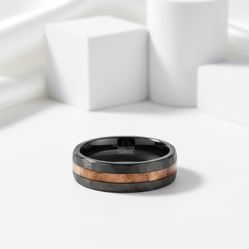 Matte Black Hammered Tungsten Band with Wood Inlay-Black Diamonds New York