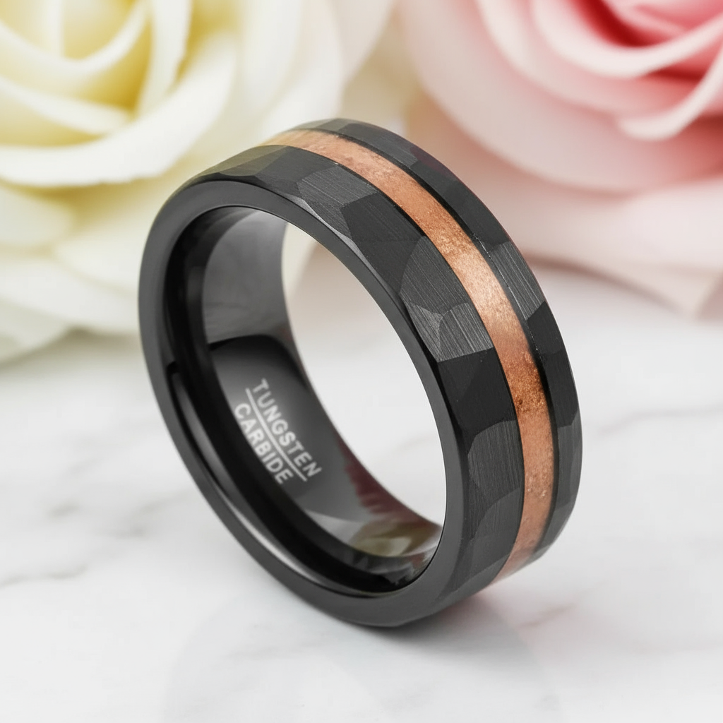 Matte Black Hammered Tungsten Band with Wood Inlay-Black Diamonds New York