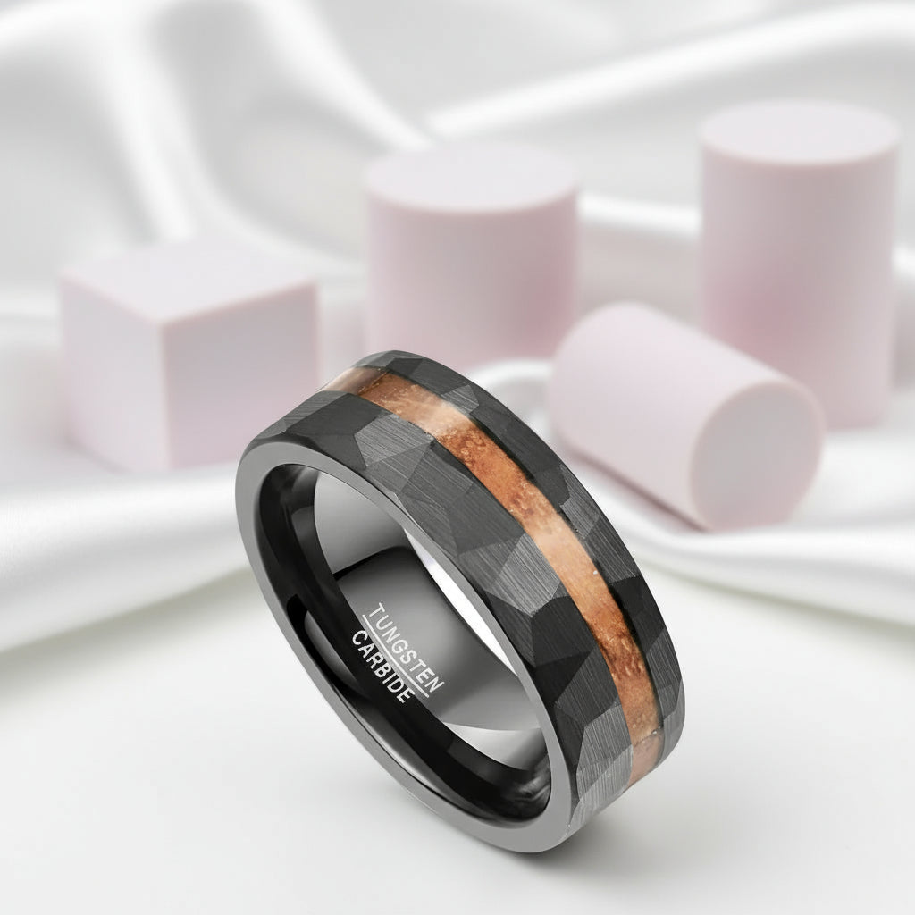 Matte Black Hammered Tungsten Band with Wood Inlay-Black Diamonds New York