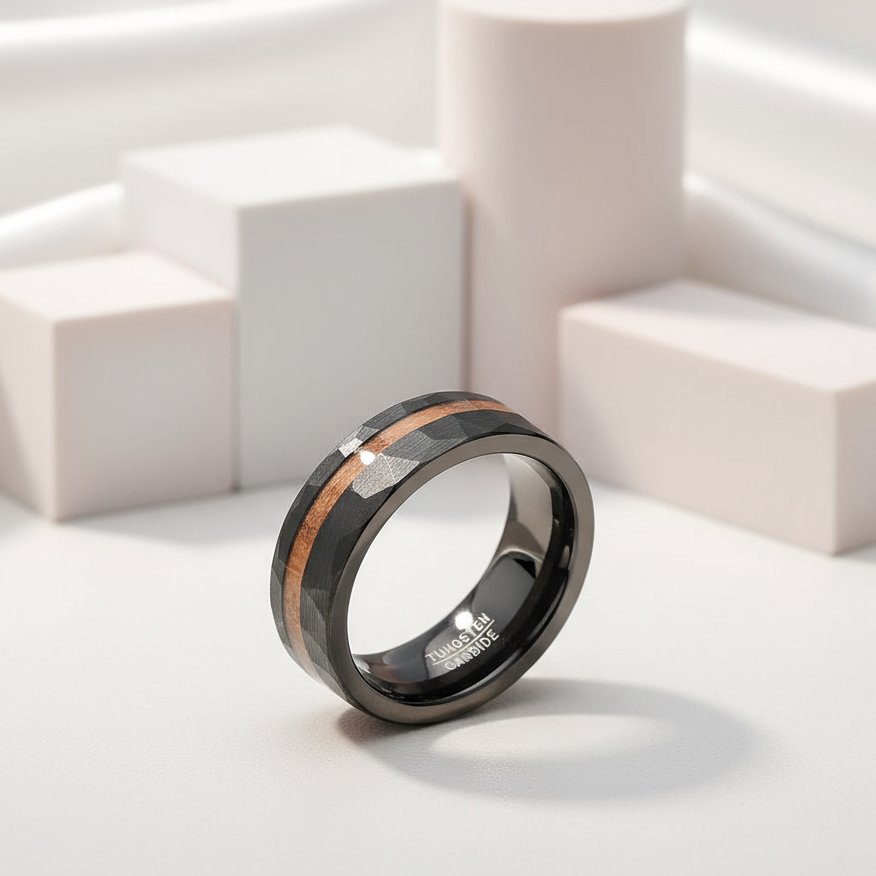 Matte Black Hammered Tungsten Band with Wood Inlay-Black Diamonds New York