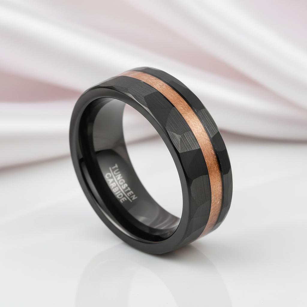 Matte Black Hammered Tungsten Band with Wood Inlay-Black Diamonds New York