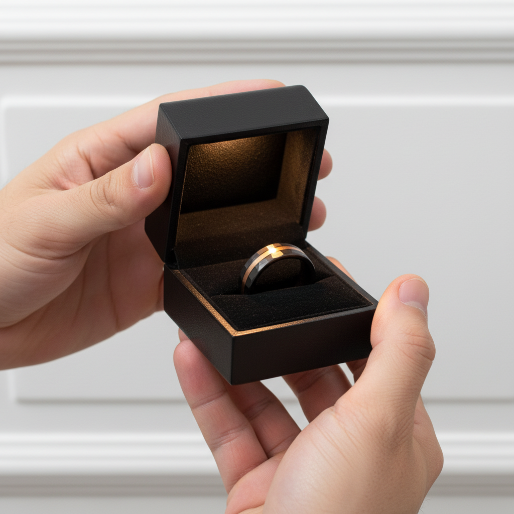 Person holding a black jewelry box with a ring inside against a neutral background