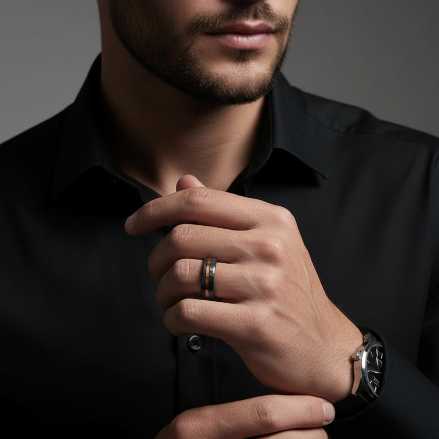 Matte Black Hammered Tungsten Band with Wood Inlay-Black Diamonds New York