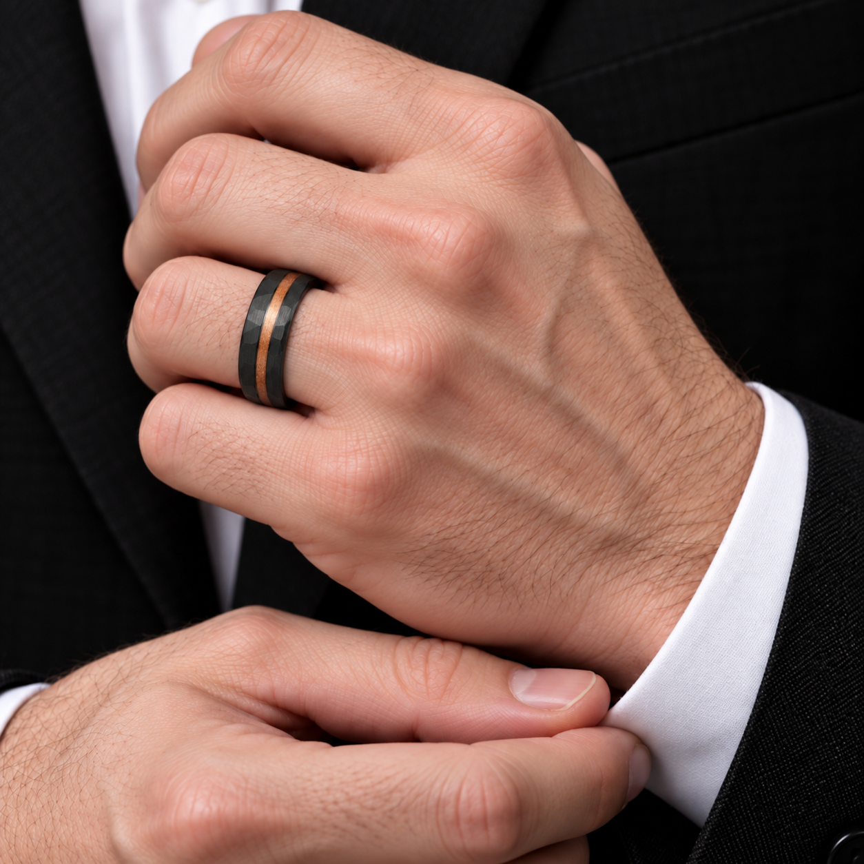 Matte Black Hammered Tungsten Band with Wood Inlay-Black Diamonds New York