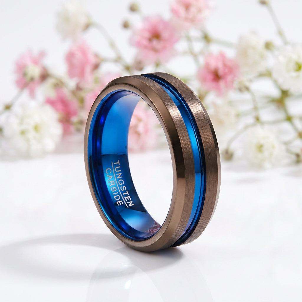Matte Brown with Blue Groove Tungsten Carbide Ring-Black Diamonds New York