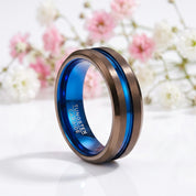 Matte Brown with Blue Groove Tungsten Carbide Ring-Black Diamonds New York