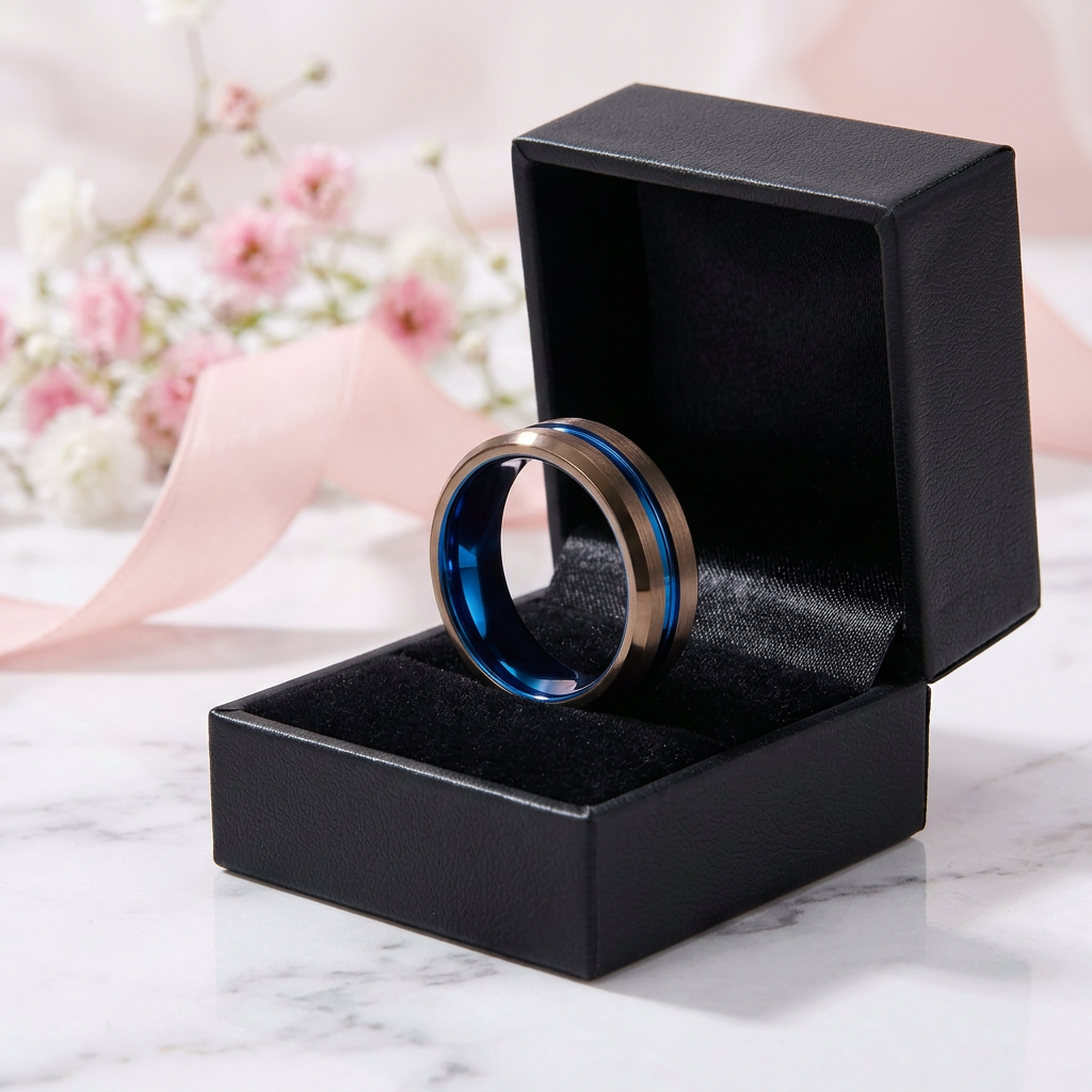 Matte Brown with Blue Groove Tungsten Carbide Ring-Black Diamonds New York