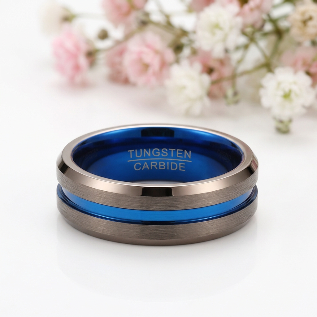 Matte Brown with Blue Groove Tungsten Carbide Ring-Black Diamonds New York