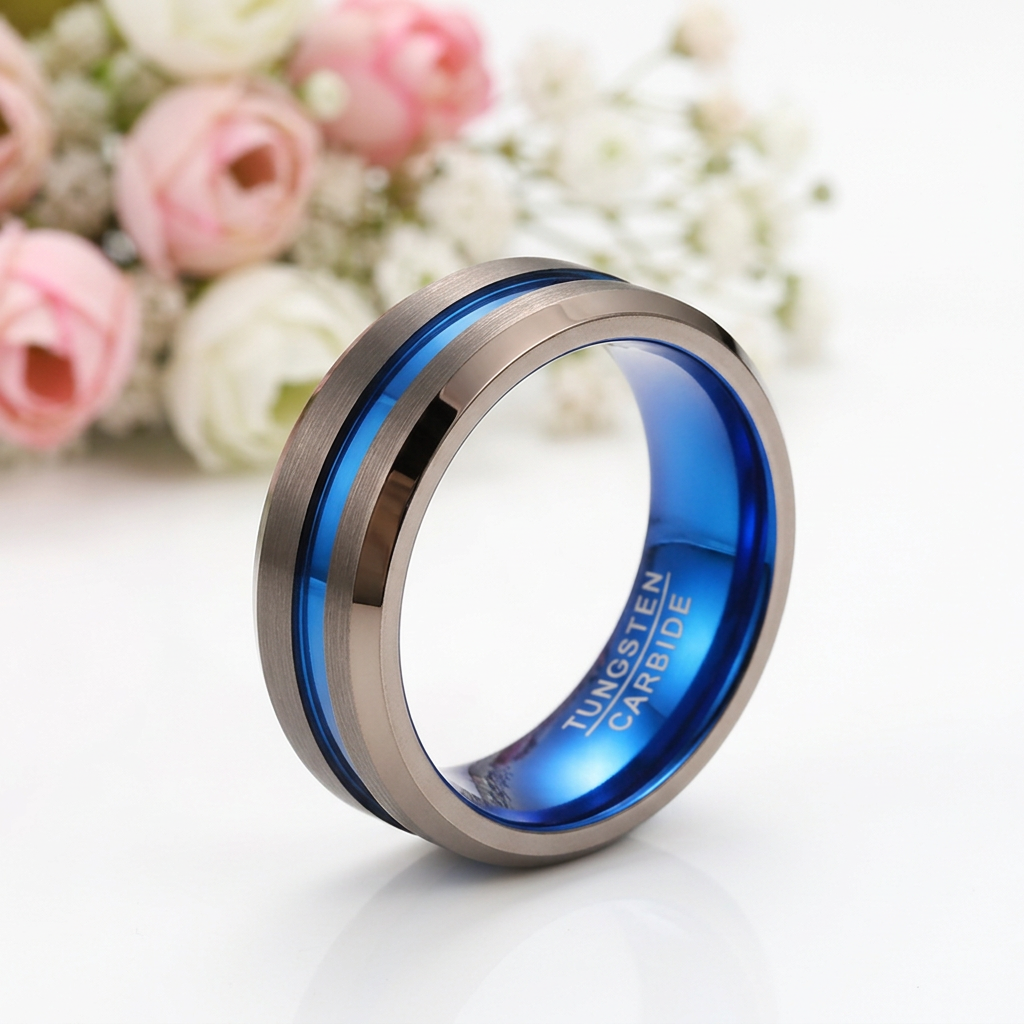 Matte Brown with Blue Groove Tungsten Carbide Ring-Black Diamonds New York