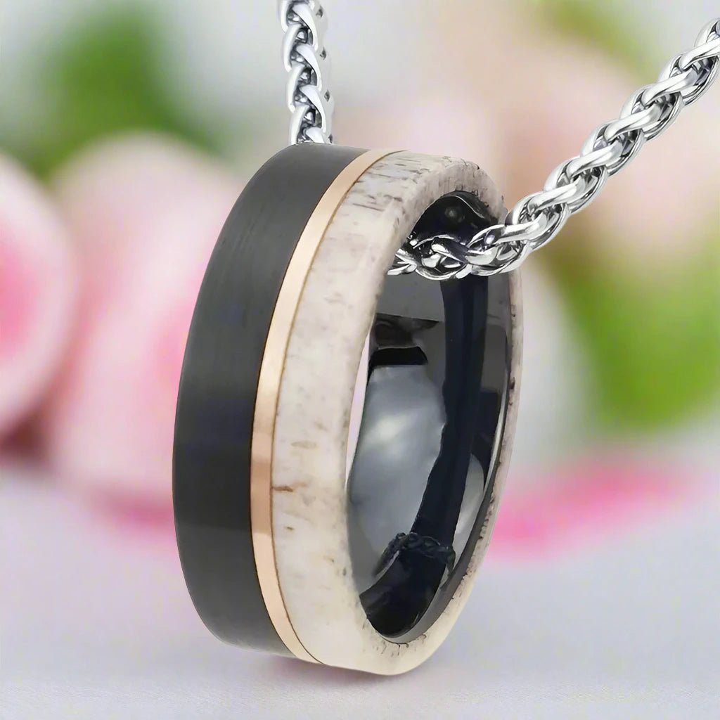 Matte Brush Tungsten Carbide Men's Ring with Deer Antler Inlay-Black Diamonds New York