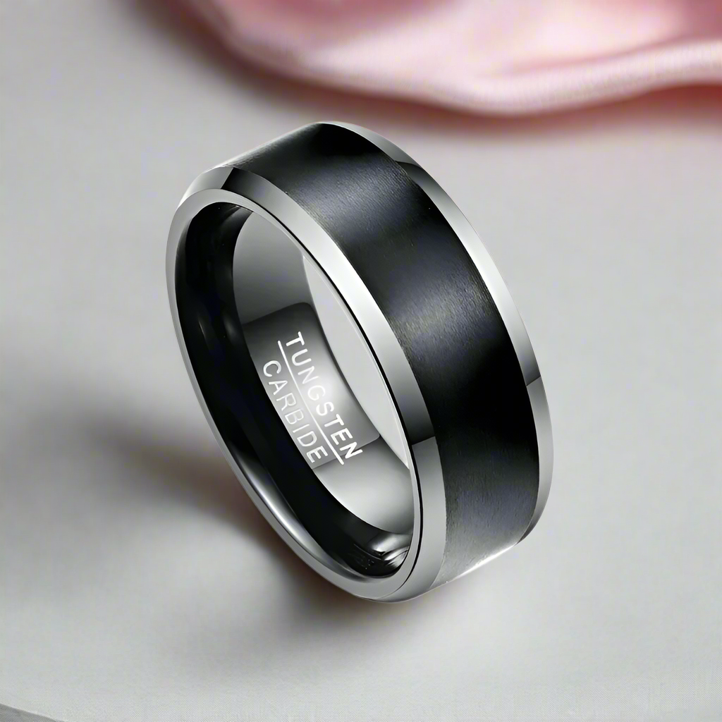 Matte Finish Black Tungsten Beveled Edge Wedding Band-Black Diamonds New York
