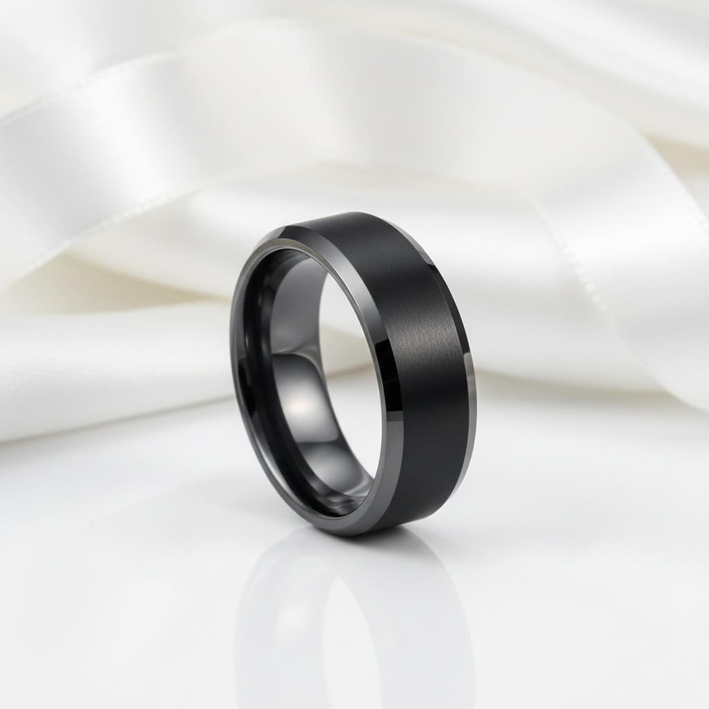 Matte Finish Black Tungsten Beveled Edge Wedding Band-Black Diamonds New York